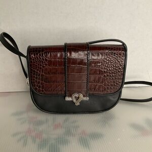 Brighton “One World” Brown Croc-Texture & Black Leather Crossbody Bag